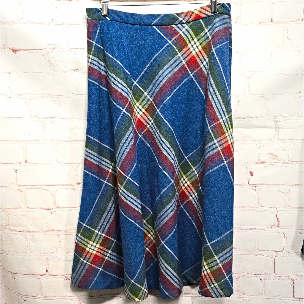 Vintage Sears Women Traditional Kilt Skirt Size 10 Blue Plaid Flannel Polyester